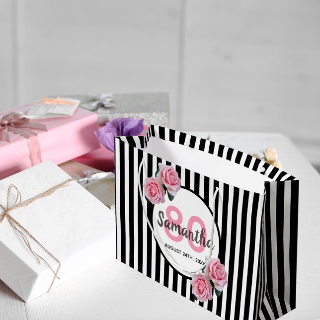 80th birthday black stripes pink roses name large gift bag (Creator Uploaded)