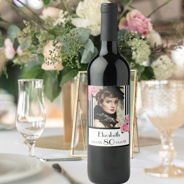 80th birthday black white stripes floral photo wine label (Creator Uploaded)