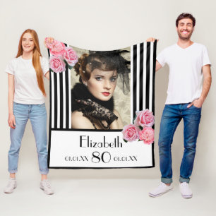 80th birthday black white stripes pink photo fleece blanket
