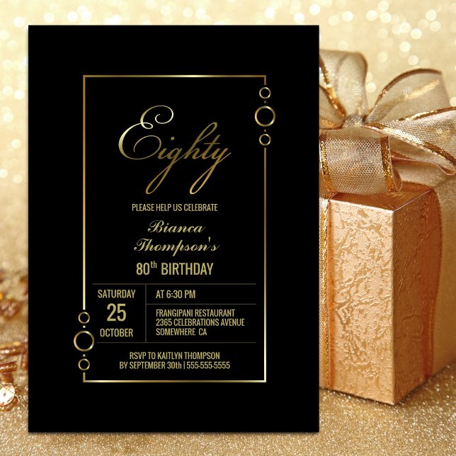 80th Birthday Black with Gold Frame Party Invitation (Creator Uploaded)