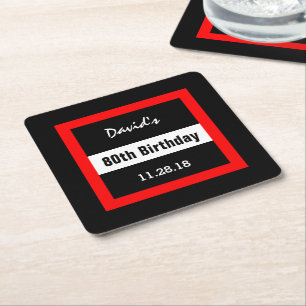 80th Birthday Black with Red Frame Custom A10 Square Paper Coaster