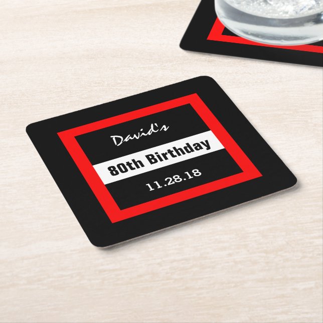 80th Birthday Black with Red Frame Custom A10 Square Paper Coaster (Angled)