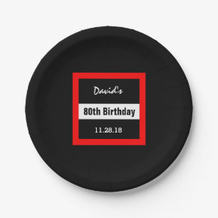 80th Birthday Black with Red Frame Custom A16 Paper Plate