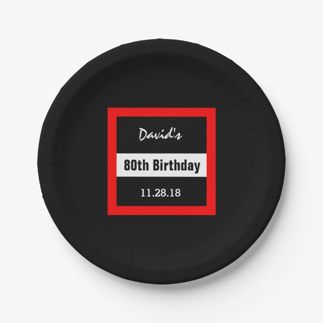 80th Birthday Black with Red Frame Custom A16 Paper Plate (Front)