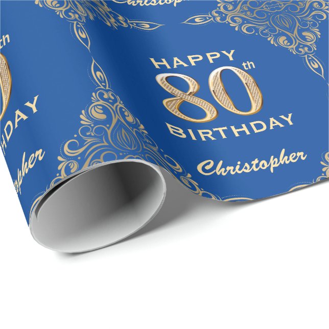 80th Birthday Blue and Gold Glitter Frame Wrapping Paper (Roll Corner)