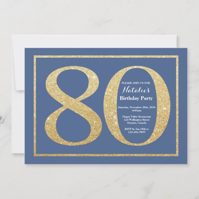 80th Birthday Blue and Gold Glitter Invitation (Front)