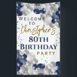 80th Birthday Blue Balloons Party Welcome Banner<br><div class="desc">A gorgeous navy and silver balloon 80th birthday party welcome banner. This fabulous design is the perfect way to welcome guests to an eightieth birthday (or any age!) party. Personalise with our own custom name. Blue and gold coloured typography and gorgeous navy blue and silver balloons.</div>