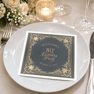 80th Birthday Blue Gold Vintage Elegant Script Napkin