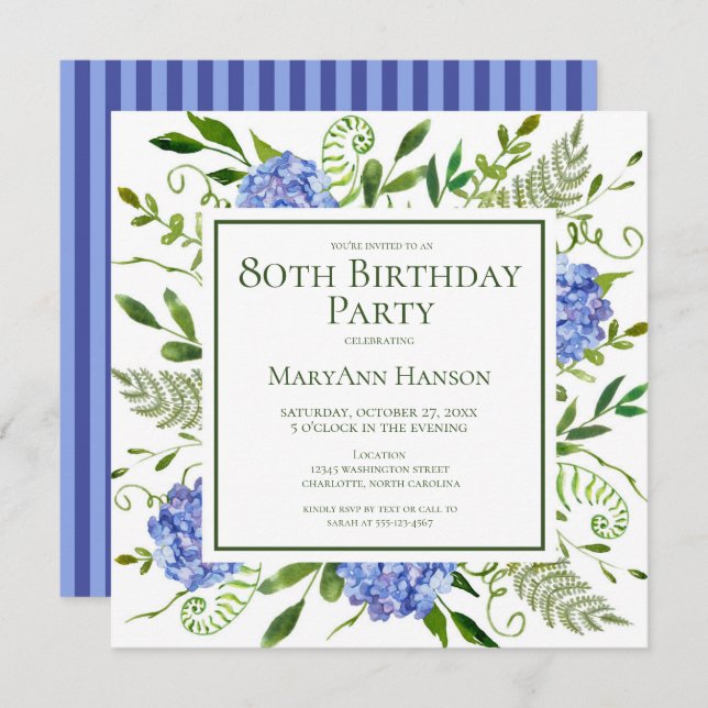 80th Birthday Blue Hydrangeas Floral Watercolor Invitation (Front/Back)