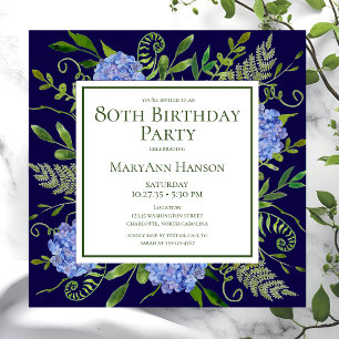 80th Birthday Blue Hydrangeas Floral Watercolor Invitation