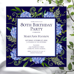 80th Birthday Blue Hydrangeas Floral Watercolor Invitation