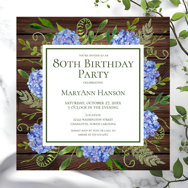 80th Birthday Blue Hydrangeas Floral Watercolor Invitation (Creator Uploaded)