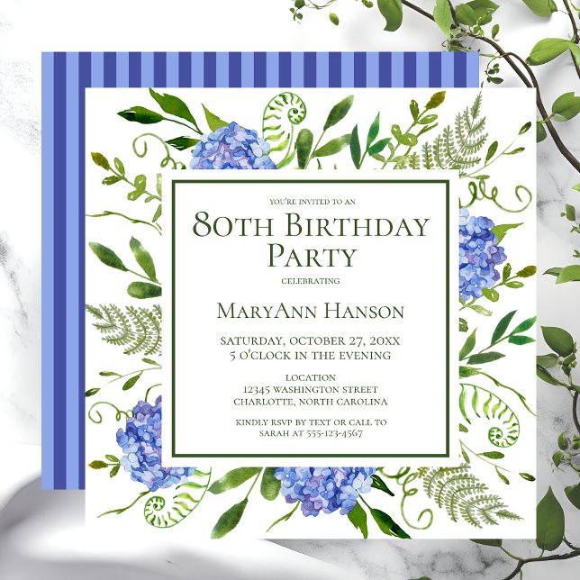 80th Birthday Blue Hydrangeas Floral Watercolor Invitation (Creator Uploaded)