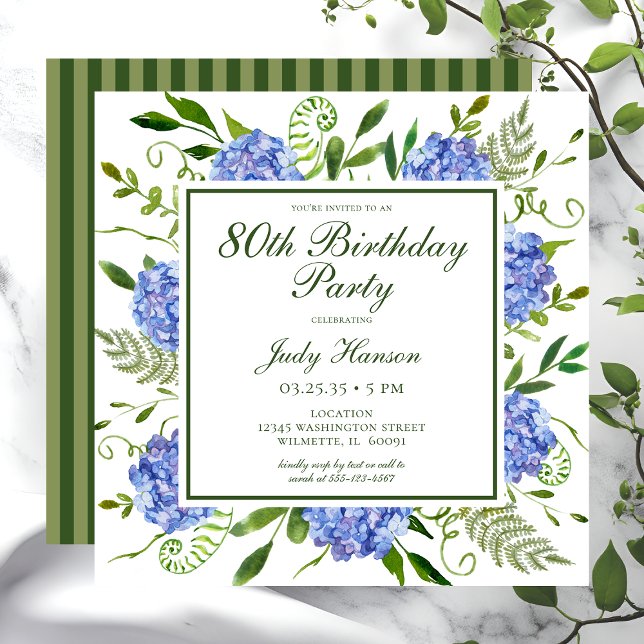 80th Birthday Blue Hydrangeas Floral Watercolor Invitation (Creator Uploaded)