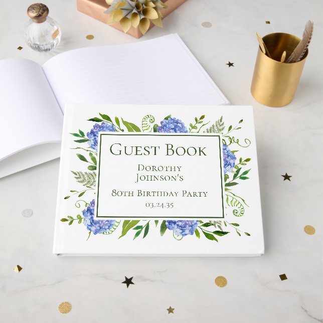80th Birthday Blue Hydrangeas Guest Book (Front Open)