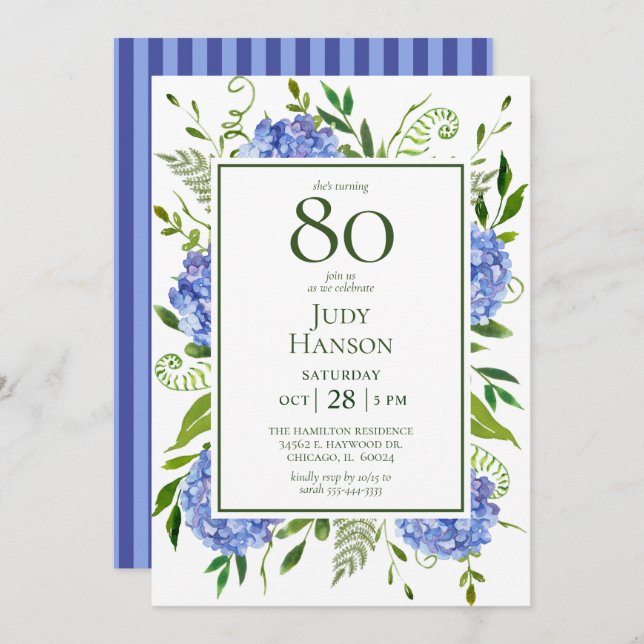 80th Birthday Blue Hydrangeas Invitation (Front/Back)