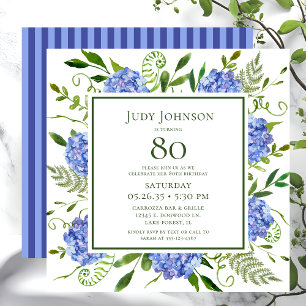 80th Birthday Blue Hydrangeas Invitation