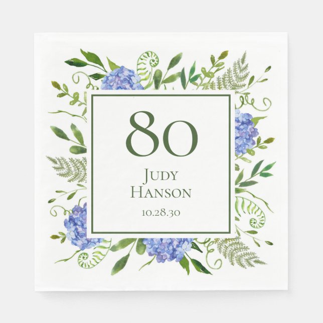 80th Birthday Blue Hydrangeas Napkin (Front)