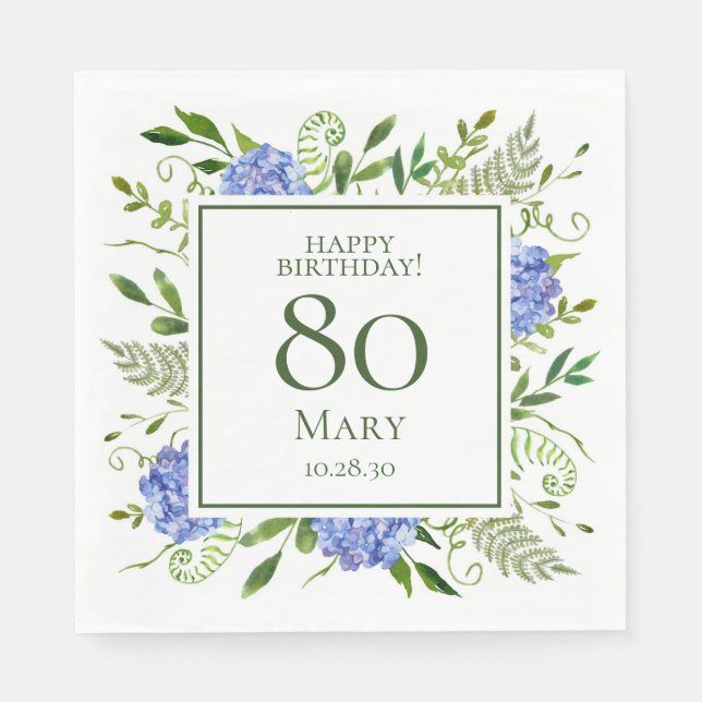 80th Birthday Blue Hydrangeas Napkin (Front)