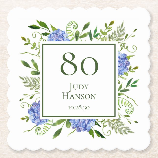80th Birthday Blue Hydrangeas Paper Coaster (Front)
