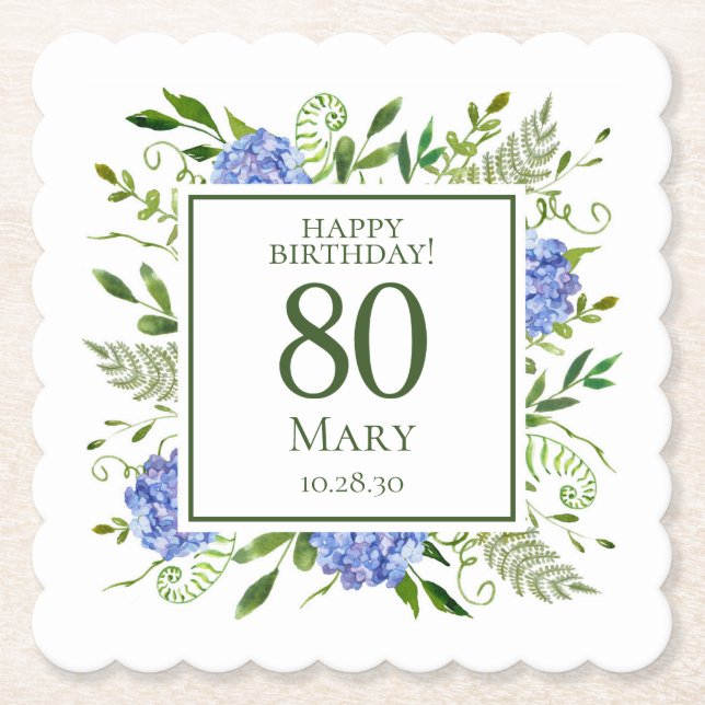 80th Birthday Blue Hydrangeas Paper Coaster (Front)