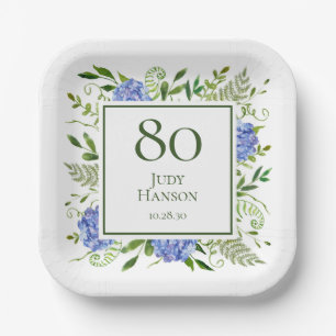 80th Birthday Blue Hydrangeas Paper Plate