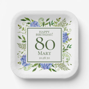 80th Birthday Blue Hydrangeas Paper Plate