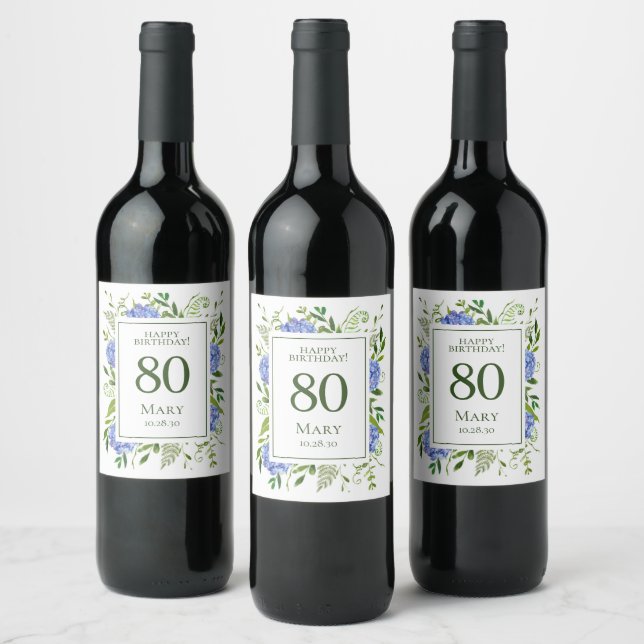 80th Birthday Blue Hydrangeas Wine Label (Bottles)
