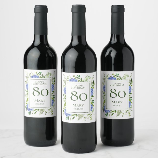 80th Birthday Blue Hydrangeas Wine Label (Bottles)