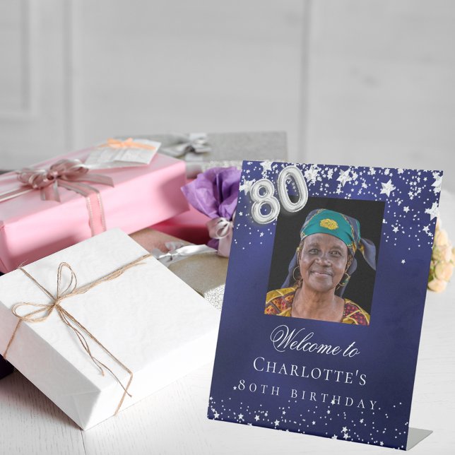 80th Birthday blue silver stars photo welcome Pedestal Sign (Creator Uploaded)