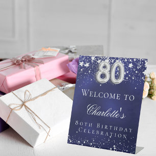 80th Birthday blue silver stars welcome party Pedestal Sign