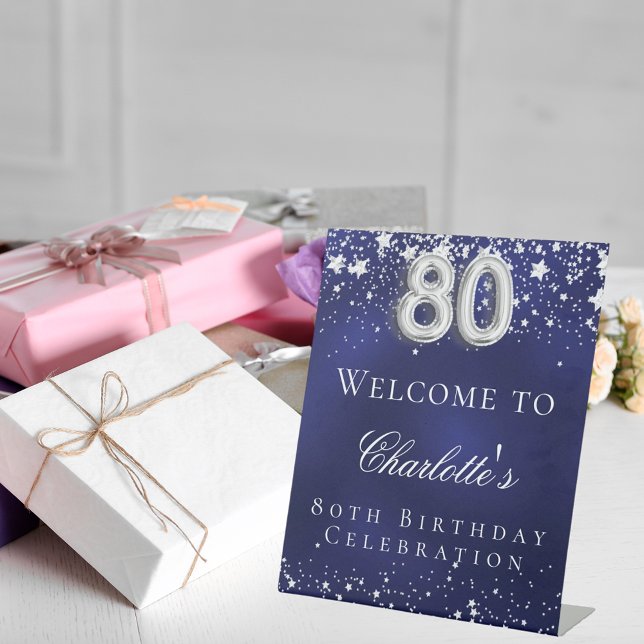 80th Birthday blue silver stars welcome party Pedestal Sign (Creator Uploaded)