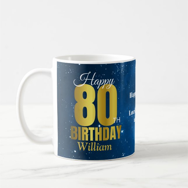 80th Birthday Blue Space Typography Coffee Mug (Left)