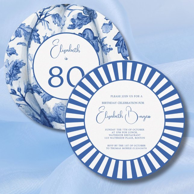 80TH Birthday Blue Stripe Floral Invitation (Creator Uploaded)