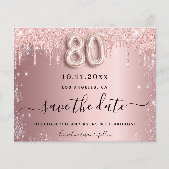 80th birthday blush silver budget save the date flyer (Front)