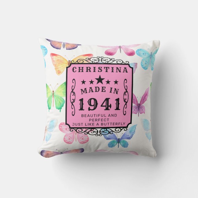 80th Birthday Born 1941 Butterfly Add Your Name Cushion (Front)