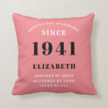 80th Birthday Born 1941 Loved Add Your Name Pink Cushion<br><div class="desc">For those born in 1941 and celebrating their 80th birthday we have the ideal surprise birthday party throw pillow gift. The pink background with a white and gold design is simple and yet elegant. Easily customise the text to the front and the interior of these party supplies using the template...</div>