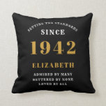 80th Birthday Born 1942 Loved Add Your Name Black Cushion<br><div class="desc">For those born in 1942 and celebrating their 80th birthday we have the ideal surprise birthday party throw pillow gift. The black background with a white and gold design is simple and yet elegant. Easily customise the text to the front and the interior of these party supplies using the template...</div>