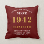 80th Birthday Born 1942 Loved Add Your Name Red Cushion<br><div class="desc">For those born in 1942 and celebrating their 80th birthday we have the ideal surprise birthday party throw pillow gift. The red background with a white and gold design is simple and yet elegant. Easily customise the text to the front and the interior of these party supplies using the template...</div>