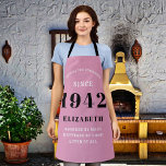 80th Birthday Born 1942 Pink Black Lady's Apron<br><div class="desc">A personalised classic pink apron design for that birthday celebration for somebody born in 1942 and turning 80. Add the name to this vintage retro style pink, white and black design for a custom 80 birthday gift. Easily edit the name and year with the template provided. A wonderful custom birthday...</div>
