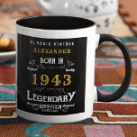 80th Birthday Born 1943 Retro Black Personalised Mug<br><div class="desc">Cherish the memories of a special 80th birthday with this unique personalised mug! Featuring a timeless black and gold vintage design, this mug will make a perfect memento of the occasion. Personalise it further with a name and age, for the birthday celebrant - a truly special and authentic gift for...</div>