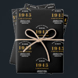 80th Birthday born 1945 Add Name Black Gold Wrapping Paper Sheet<br><div class="desc">A personalised wrapping paper design for that birthday celebration for a special person. Add the name to this vintage retro style black and gold design for a custom birthday gift. Easily edit the name and year with the template provided. A wonderful custom birthday gift. More gifts and party supplies for...</div>