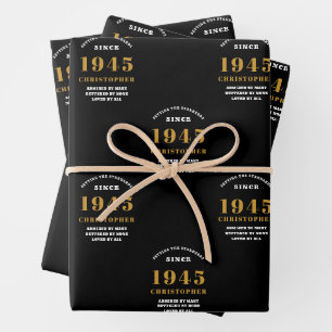 80th Birthday born 1945 Add Name Black Gold Wrapping Paper Sheet