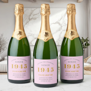 80th Birthday Born 1945 Add Name Pink Grey Sparkling Wine Label