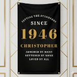80th Birthday Born 1946 Add Name Black Gold Banner<br><div class="desc">80th Birthday Party Wall Banner - Customisable Black and Gold Decorative Piece. Celebrate an impressive milestone with our Birthday Party Wall Banner. This one-of-a-kind black and gold banner is not just a decoration, it's a statement piece. Customisable to your preferences, it's an elegant and fun way to mark the start...</div>