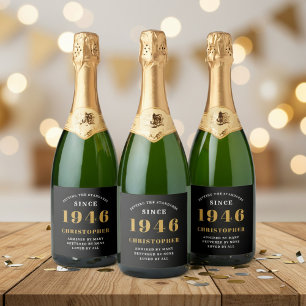 80th Birthday Born 1946 Add Name Black Gold Sparkling Wine Label