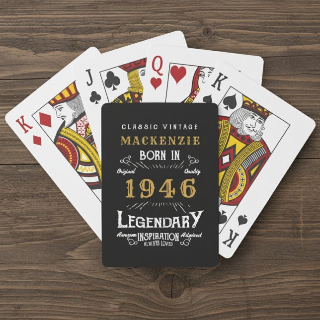 80th Birthday Born 1946 Legend Black Gold Playing Cards (Born 1946 playing cards. Wood  background.)