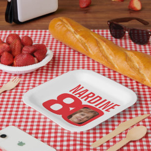 80th birthday bright red white 80 custom photo paper plate