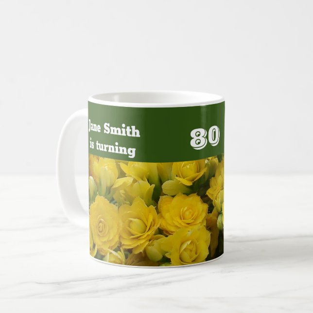 80th Birthday Bright Yellow Flower Photo Floral Coffee Mug (Front Left)