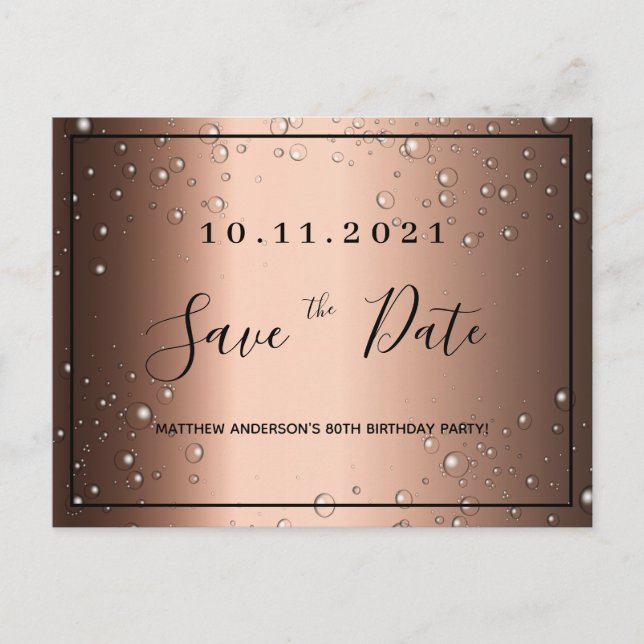 80th birthday bronze black metallic save the date postcard (Front)